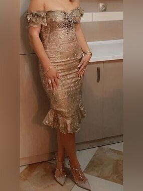 Off-Shoulder Gold Embellished Cocktail Dress